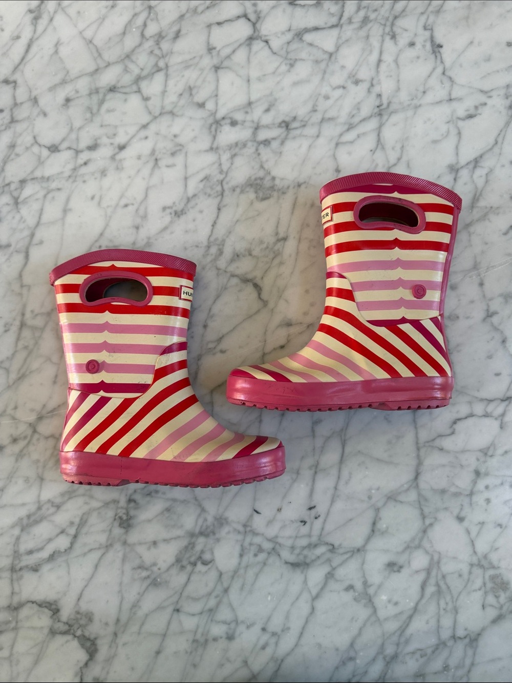 Kids Hunter Sz 11 Pink & Red Stripe Rain Boots